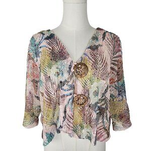 Soft Surroundings Cropped Cardigan Sweater Small Tropical Leaf Mesh-Weave Pink